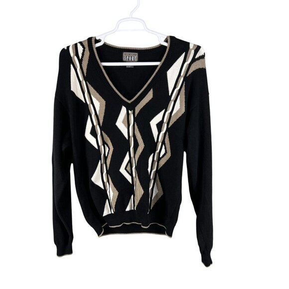 Sansabelt Sport Mens M  V-Neck Black Cotton Sweater Geometric Pattern Timeless - Picture 7 of 14